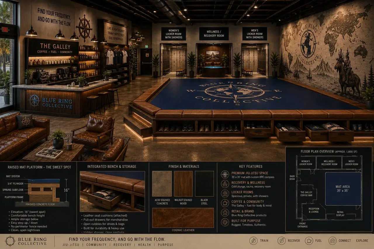 Blue Ring Longboat concept study showing a jiu-jitsu mat, recovery spaces, coffee bar, and community interior