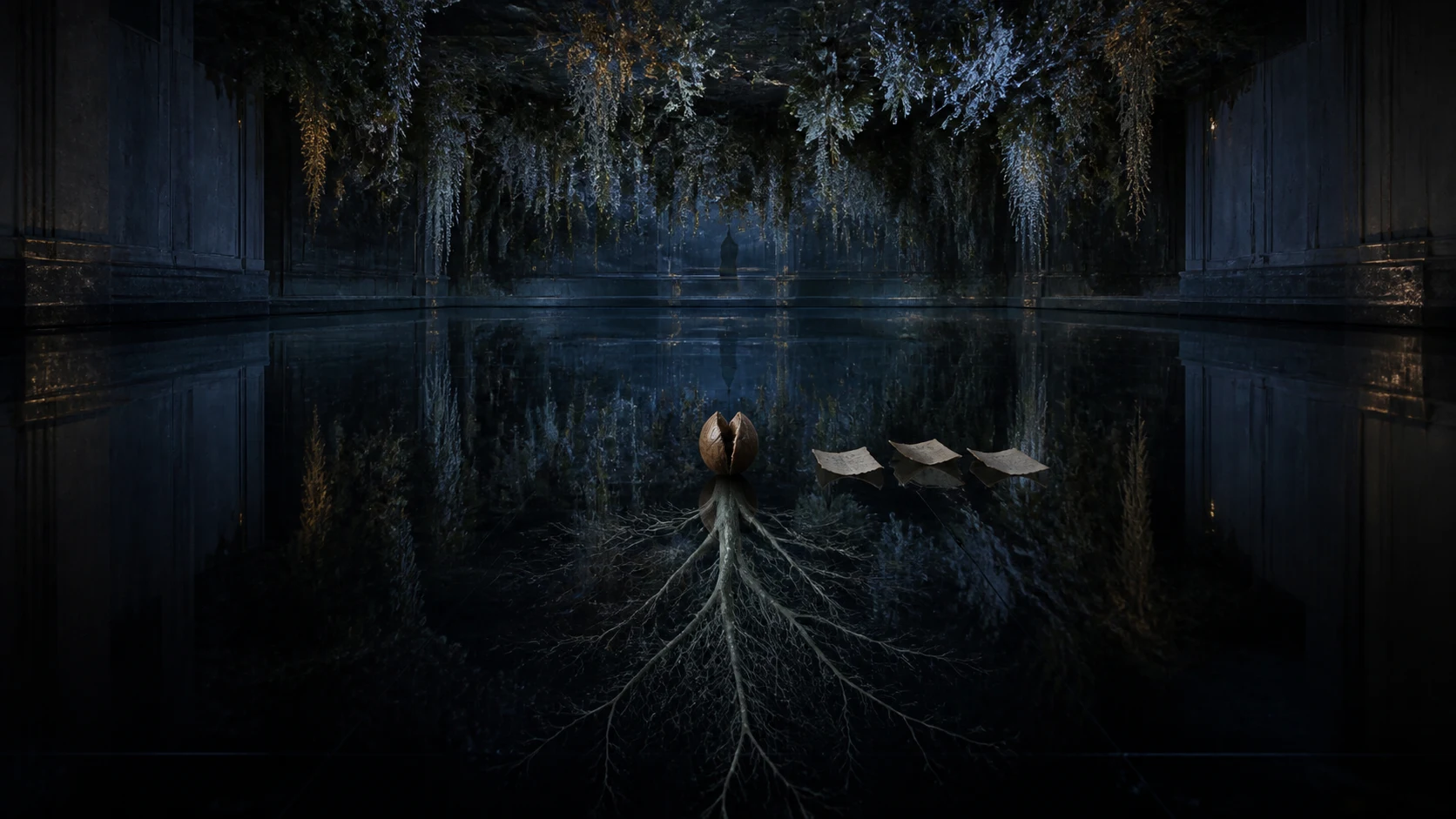 A split seed and three blank receipts rest on black glass beneath an inverted midnight garden, where apparent roots resolve into reflection inside a bounded chamber.