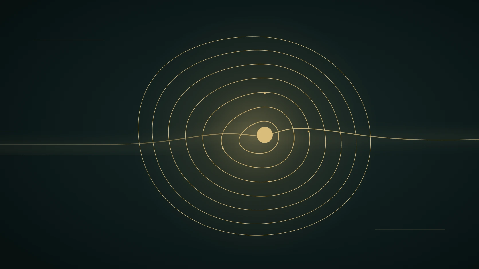 A warm gold thread enters a midnight field, passes through nested interior contours and four quiet points, then continues outward with greater light.