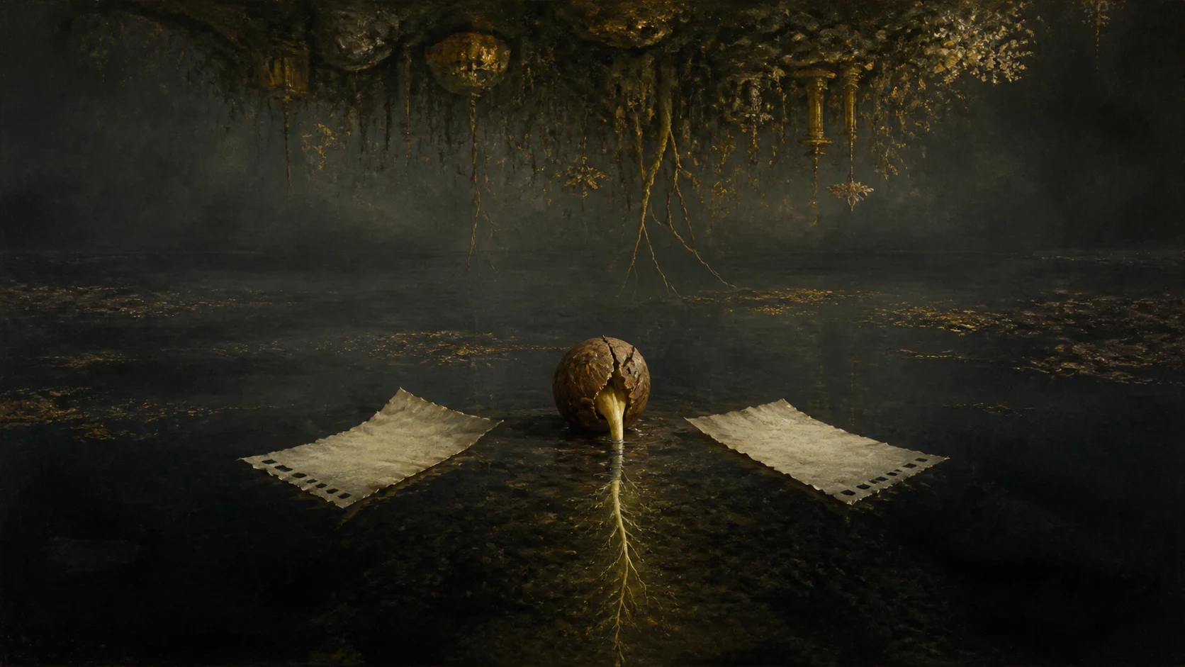 An opened seed rests between two blank receipts in a dark mirrored garden, with one pale root reaching toward mineral earth while an inverted garden hangs above.