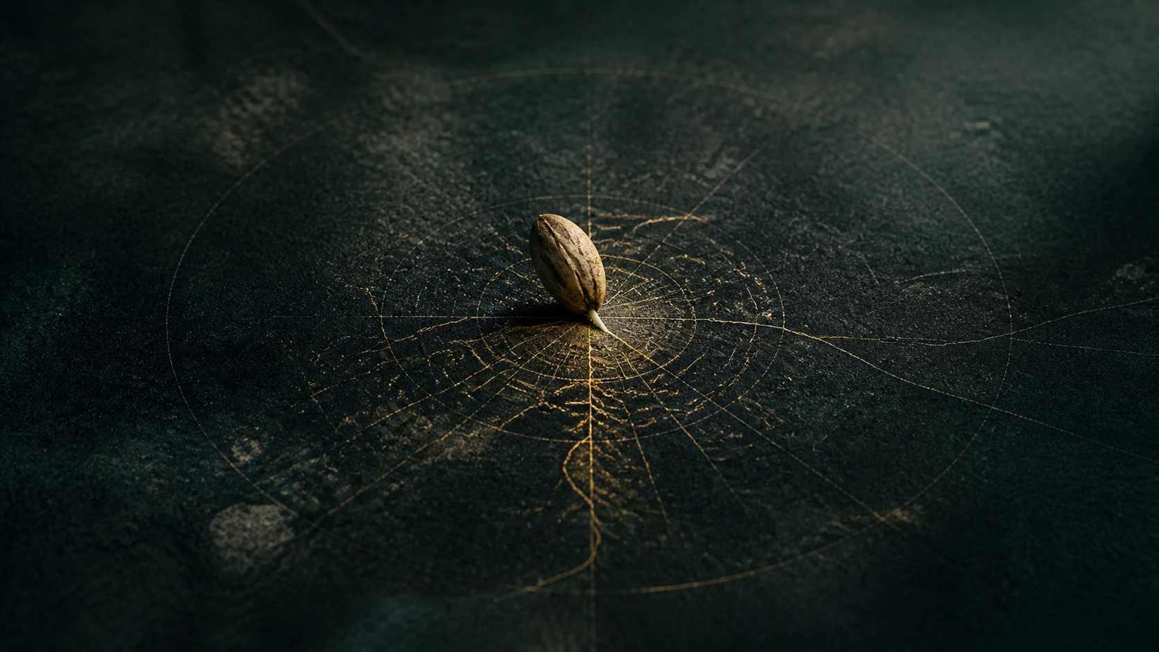 An imperfect seed rests on a dark mineral surface as fine antique-gold pressure lines and root-like fractures reveal the structure beneath it.
