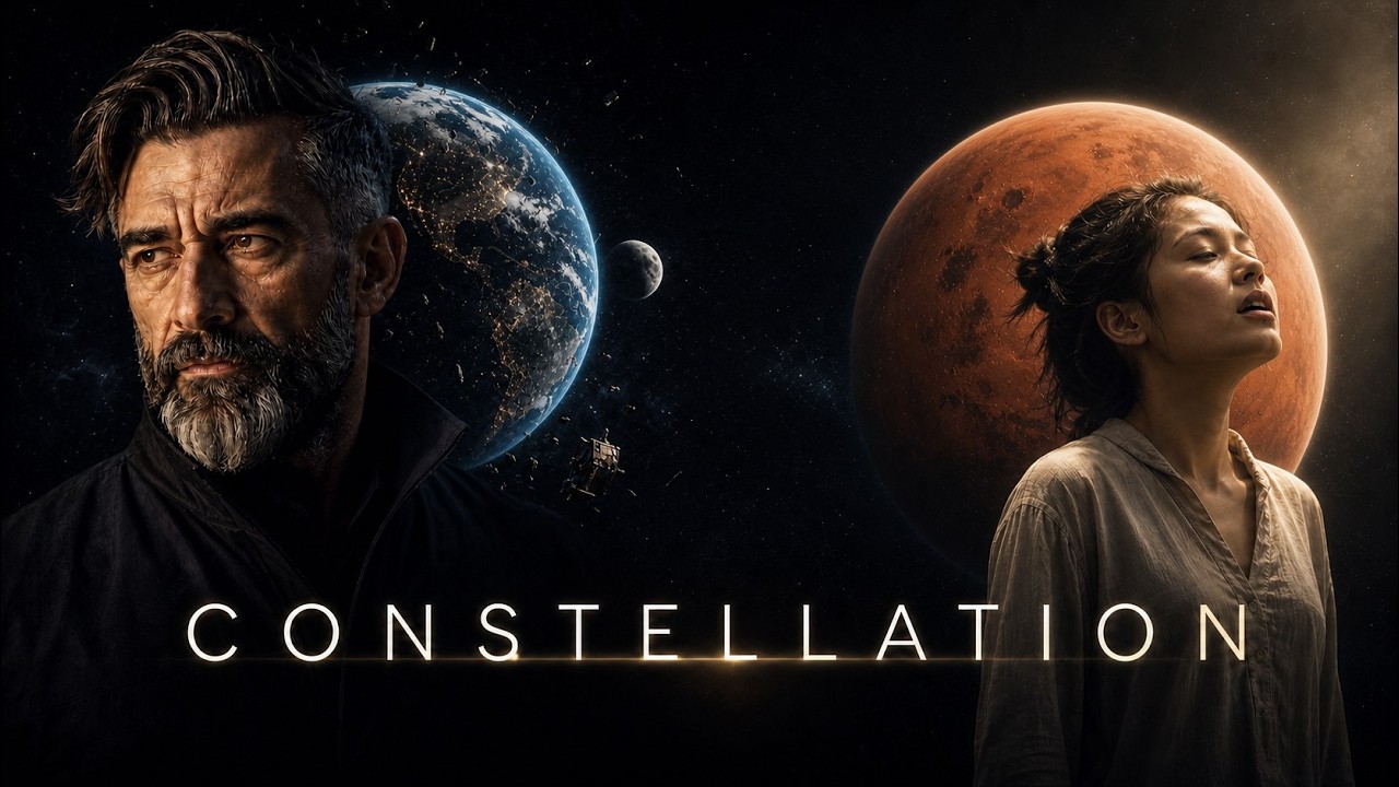 Constellation future-vision scene: a person facing a luminous blue horizon