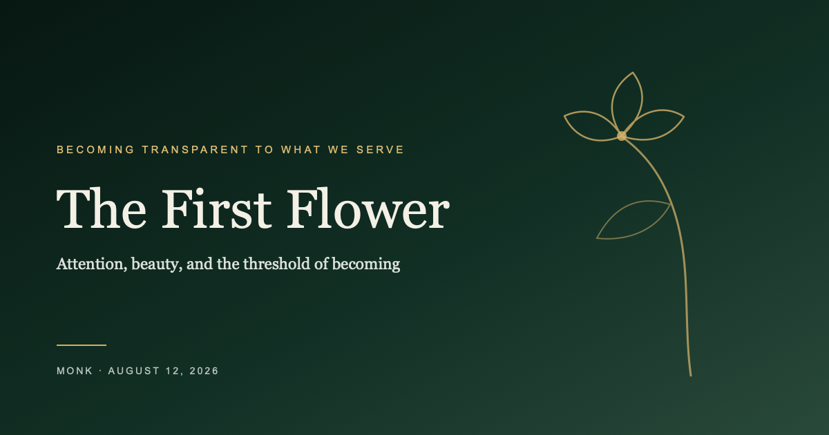 A single incomplete gold botanical line rises toward a small opening flower on a deep forest field.