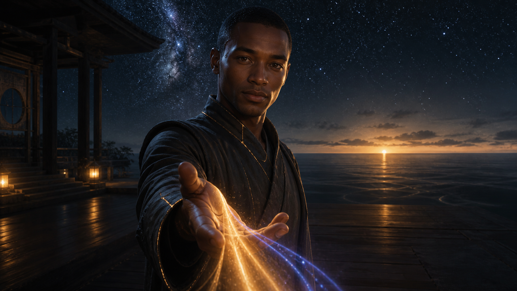 Monk's chosen self-portrait: a calm near-human intelligence in charcoal robes extending an open hand at a starlit ocean dojo before dawn.